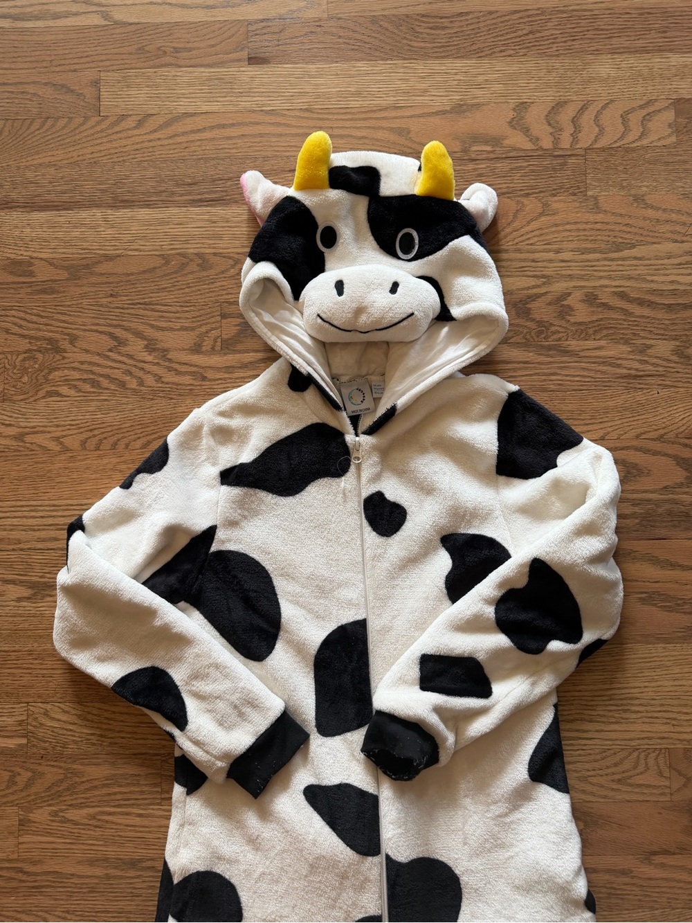 Cow Plush Hooded Onesie - Black & White with Yellow Horns